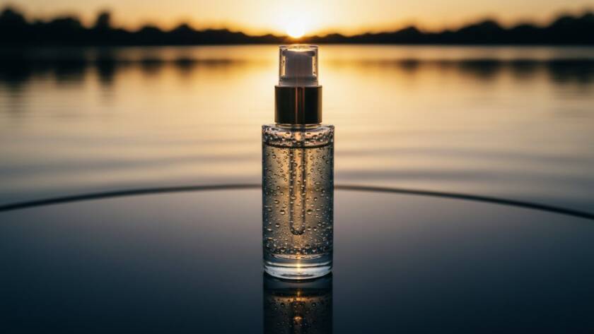 A stunning, dramatically lit close-up of a luxury skincare product bottle, glistening with dew drops, set against a blurred background of the tranquil Sanctuary Lakes waterfront at sunset, capturing the essence of Sanctuary Lakes bespoke product photography storytelling with a reflective, cinematic quality.