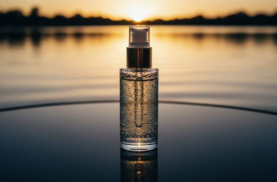 A stunning, dramatically lit close-up of a luxury skincare product bottle, glistening with dew drops, set against a blurred background of the tranquil Sanctuary Lakes waterfront at sunset, capturing the essence of Sanctuary Lakes bespoke product photography storytelling with a reflective, cinematic quality.