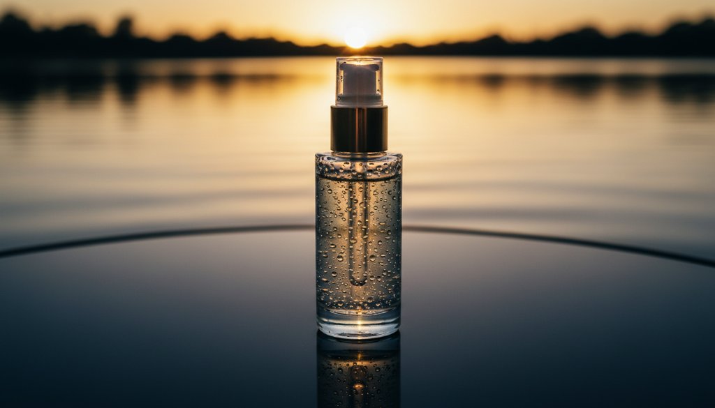 A stunning, dramatically lit close-up of a luxury skincare product bottle, glistening with dew drops, set against a blurred background of the tranquil Sanctuary Lakes waterfront at sunset, capturing the essence of Sanctuary Lakes bespoke product photography storytelling with a reflective, cinematic quality.