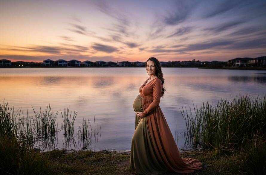 A glowing mother-to-be, framed by the golden hour light over the serene waters of Sanctuary Lakes, captured during her breathtaking maternity photoshoot, embodying strength and anticipation.
