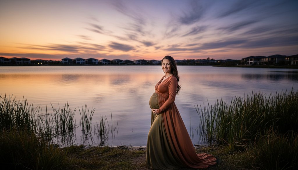 A glowing mother-to-be, framed by the golden hour light over the serene waters of Sanctuary Lakes, captured during her breathtaking maternity photoshoot, embodying strength and anticipation.