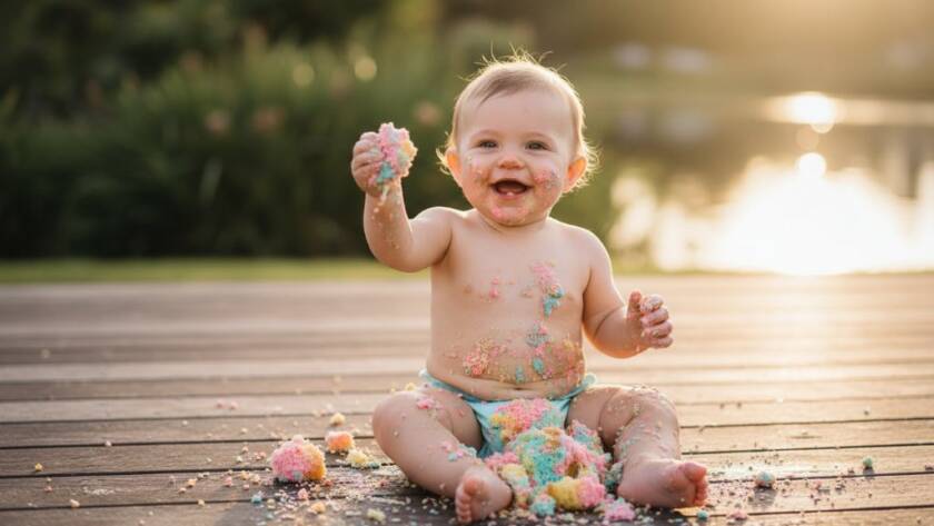 An adorable baby laughing joyously amidst a colourful cake smash, expertly captured by Sanctuary Lakes cake smash photography Victoria joyous first birthday specialist, with dramatic studio lighting and a playful, messy scene.