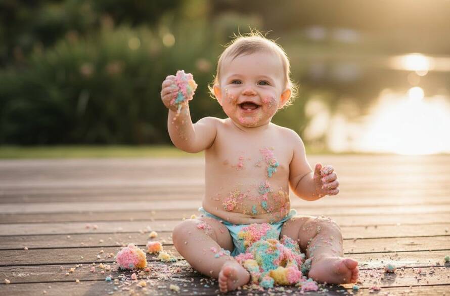 An adorable baby laughing joyously amidst a colourful cake smash, expertly captured by Sanctuary Lakes cake smash photography Victoria joyous first birthday specialist, with dramatic studio lighting and a playful, messy scene.
