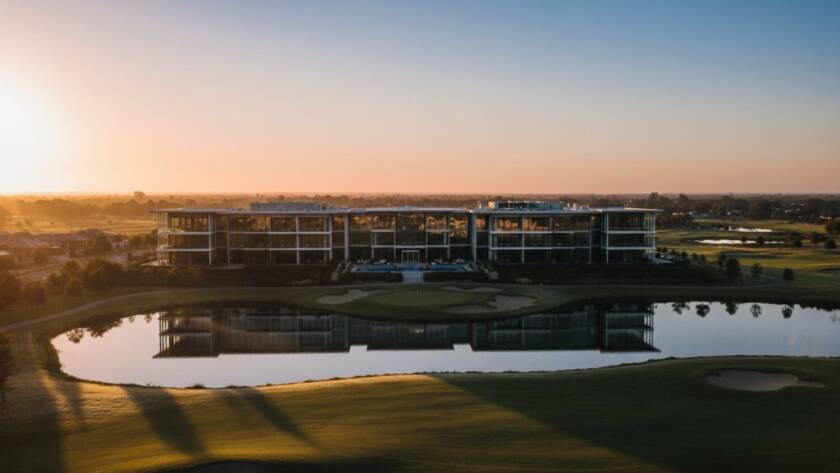 Dramatic aerial shot showcasing a modern commercial property in Sanctuary Lakes, bathed in golden hour light, reflecting the Sanctuary Lakes commercial real estate photography expertise, highlighting its sophisticated architecture and serene lakeside environment.
