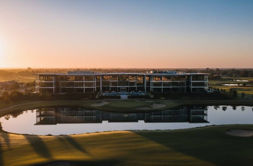 Dramatic aerial shot showcasing a modern commercial property in Sanctuary Lakes, bathed in golden hour light, reflecting the Sanctuary Lakes commercial real estate photography expertise, highlighting its sophisticated architecture and serene lakeside environment.