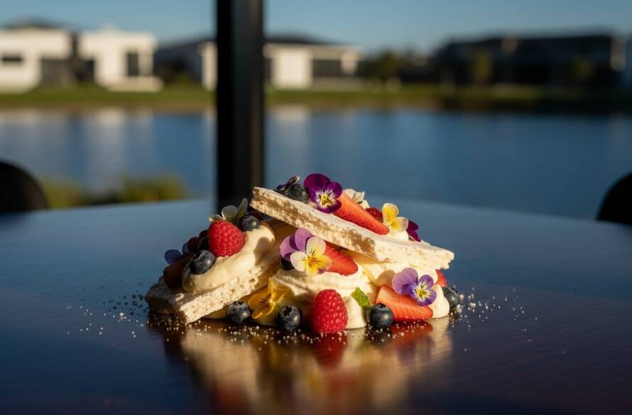 An epic moment of a perfectly styled gourmet dish, possibly a modern Australian brunch plate with vibrant colours and fresh ingredients, dramatically lit on a rustic wooden table within a stylish cafe in Sanctuary Lakes, showcasing exquisite Sanctuary Lakes Culinary Photography for Local Eateries. Steam gently rises, creating a captivating visual texture against a blurred, elegant background.