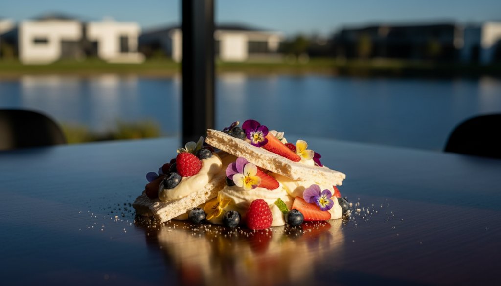 An epic moment of a perfectly styled gourmet dish, possibly a modern Australian brunch plate with vibrant colours and fresh ingredients, dramatically lit on a rustic wooden table within a stylish cafe in Sanctuary Lakes, showcasing exquisite Sanctuary Lakes Culinary Photography for Local Eateries. Steam gently rises, creating a captivating visual texture against a blurred, elegant background.