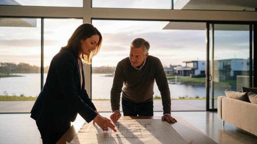 A Sanctuary Lakes editorial photography storyteller captures an epic moment: a visionary architect proudly presenting blueprints to a satisfied client inside a modern, naturally lit home overlooking the serene lake at Sanctuary Lakes, bathed in dramatic golden hour light, reflecting collaboration and design excellence.