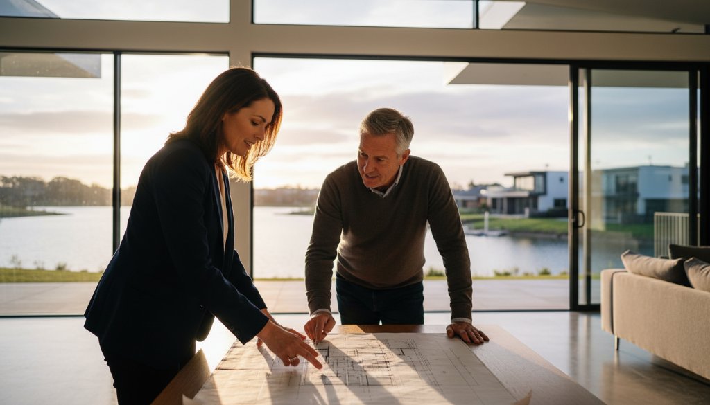 A Sanctuary Lakes editorial photography storyteller captures an epic moment: a visionary architect proudly presenting blueprints to a satisfied client inside a modern, naturally lit home overlooking the serene lake at Sanctuary Lakes, bathed in dramatic golden hour light, reflecting collaboration and design excellence.