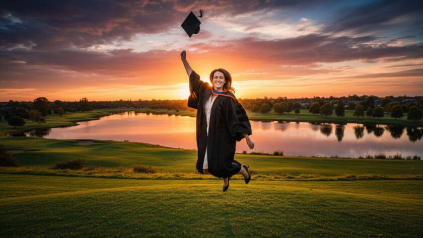 A jubilant graduate in a cap and gown, framed against the serene waters and lush golf course of Sanctuary Lakes at sunset, holding their degree high in triumph, embodying Sanctuary Lakes graduation photography celebrating achievements. The golden hour light casts a warm glow, highlighting their beaming smile and the vibrant colours of the landscape.