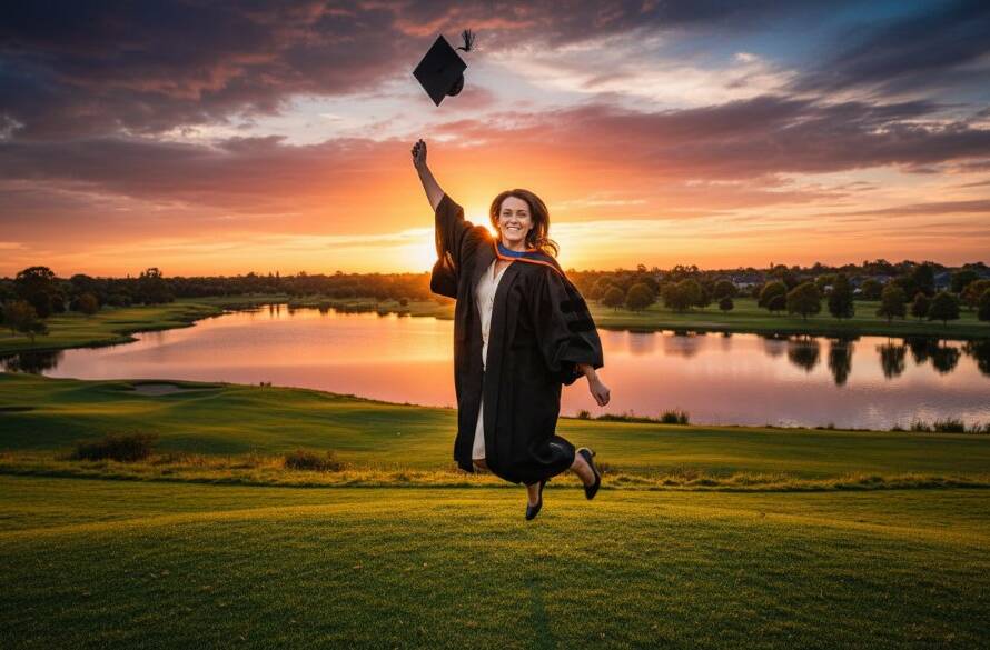 A jubilant graduate in a cap and gown, framed against the serene waters and lush golf course of Sanctuary Lakes at sunset, holding their degree high in triumph, embodying Sanctuary Lakes graduation photography celebrating achievements. The golden hour light casts a warm glow, highlighting their beaming smile and the vibrant colours of the landscape.