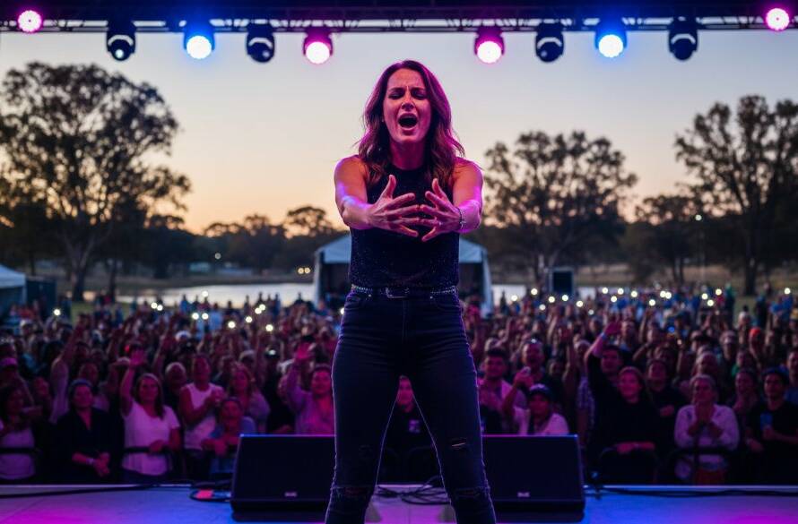 A professional photograph capturing the Sanctuary Lakes live music photography magic, showing a lead singer mid-performance, bathed in dramatic stage lighting, with a blurred, energetic crowd in the background, conveying an epic, electrifying moment.