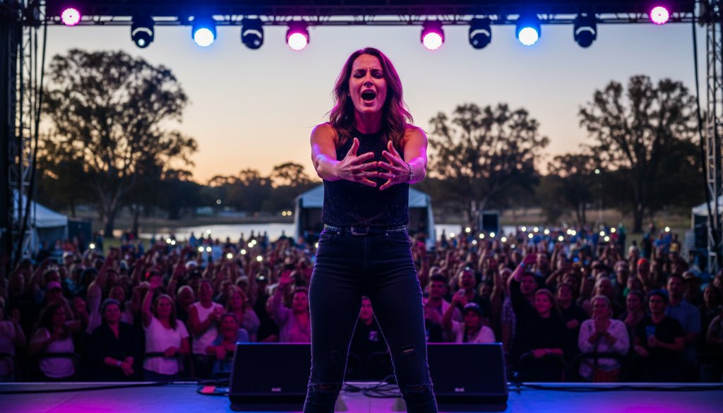 A professional photograph capturing the Sanctuary Lakes live music photography magic, showing a lead singer mid-performance, bathed in dramatic stage lighting, with a blurred, energetic crowd in the background, conveying an epic, electrifying moment.