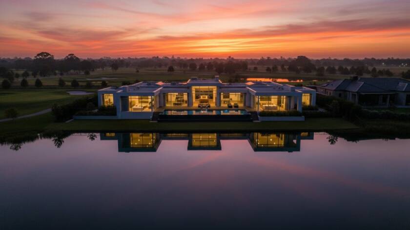 An aerial sunset shot of a luxurious waterfront home in Sanctuary Lakes, showcasing its pristine infinity pool reflecting the golden sky, expertly captured by Sanctuary Lakes luxury property photography Victoria, highlighting the opulence of the area.