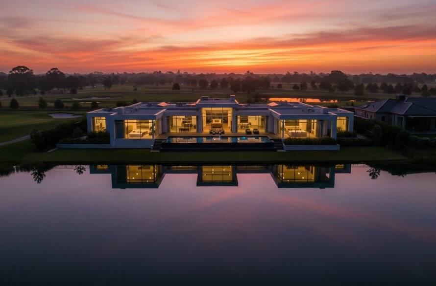 An aerial sunset shot of a luxurious waterfront home in Sanctuary Lakes, showcasing its pristine infinity pool reflecting the golden sky, expertly captured by Sanctuary Lakes luxury property photography Victoria, highlighting the opulence of the area.