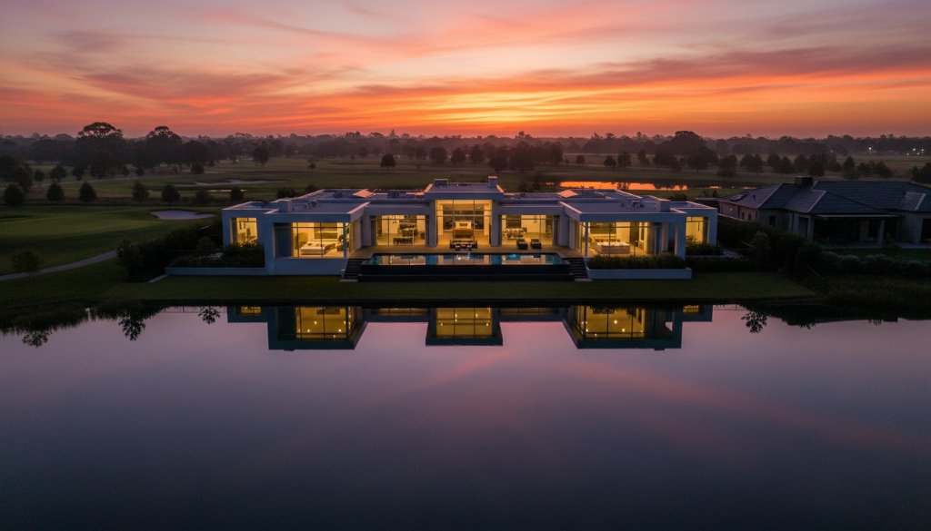 An aerial sunset shot of a luxurious waterfront home in Sanctuary Lakes, showcasing its pristine infinity pool reflecting the golden sky, expertly captured by Sanctuary Lakes luxury property photography Victoria, highlighting the opulence of the area.