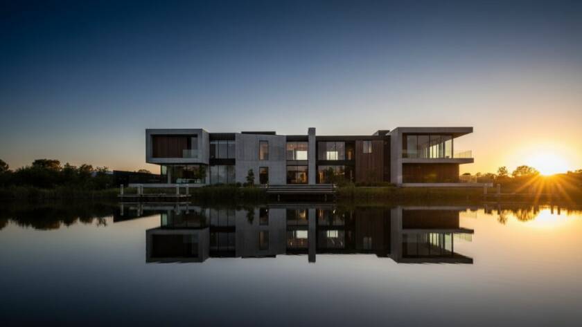 An awe-inspiring 'epic moment' photograph showcasing Sanctuary Lakes modern home architecture photography at dusk, with dramatic lighting highlighting a sleek, minimalist facade against a vibrant, deep blue sky reflecting off the lake, creating a cinematic, high-contrast scene.