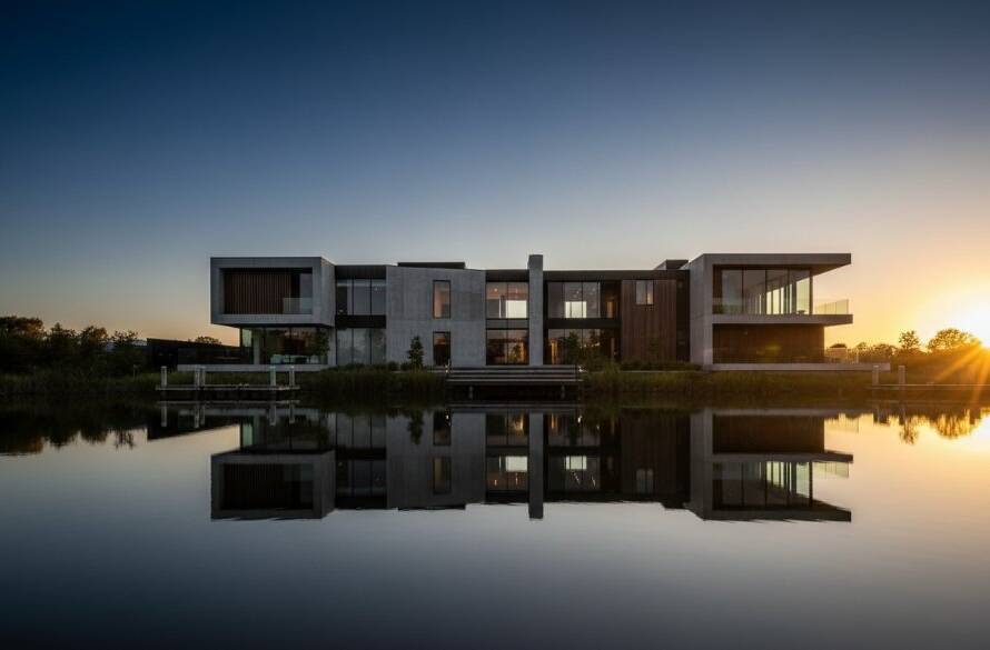 An awe-inspiring 'epic moment' photograph showcasing Sanctuary Lakes modern home architecture photography at dusk, with dramatic lighting highlighting a sleek, minimalist facade against a vibrant, deep blue sky reflecting off the lake, creating a cinematic, high-contrast scene.