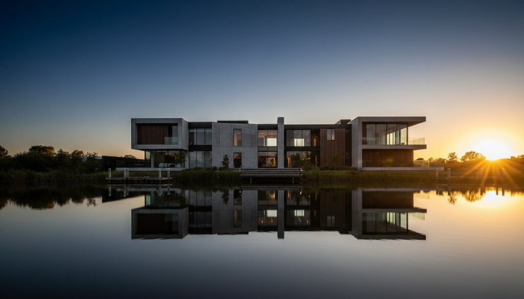 An awe-inspiring 'epic moment' photograph showcasing Sanctuary Lakes modern home architecture photography at dusk, with dramatic lighting highlighting a sleek, minimalist facade against a vibrant, deep blue sky reflecting off the lake, creating a cinematic, high-contrast scene.