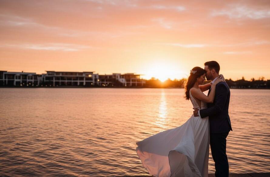 An epic moment captured during Sanctuary Lakes waterfront wedding photography inspiration, featuring a couple embracing dramatically against a sunset-lit lake, with the stunning Sanctuary Lakes Resort in the background, professional colour grading, cinematic light.