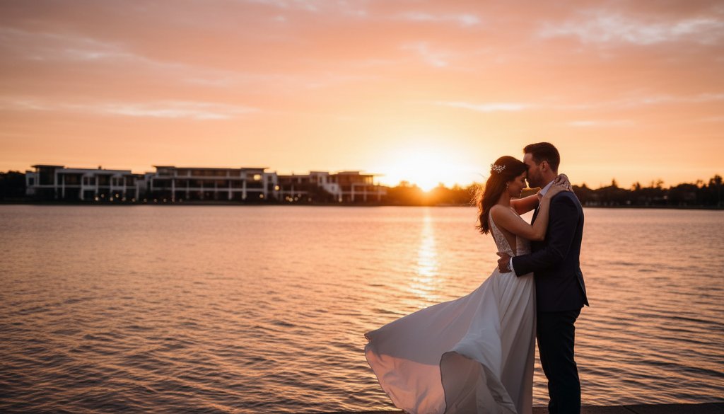 An epic moment captured during Sanctuary Lakes waterfront wedding photography inspiration, featuring a couple embracing dramatically against a sunset-lit lake, with the stunning Sanctuary Lakes Resort in the background, professional colour grading, cinematic light.