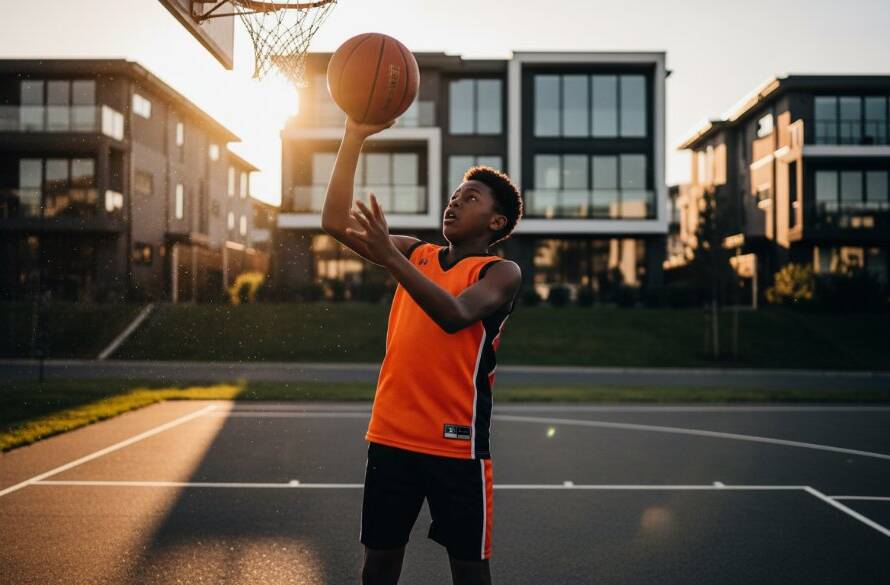 Dynamic youth athlete captured mid-action on a vibrant sporting field in Sanctuary Lakes, Victoria, showcasing the power and agility of junior sports photography with dramatic lighting and a blurred background.