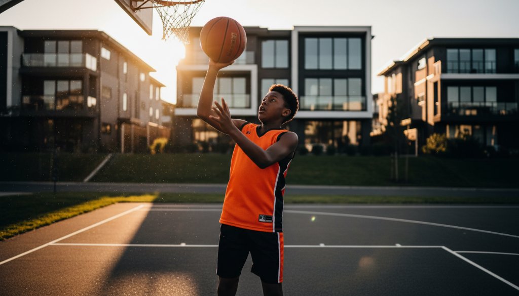 Dynamic youth athlete captured mid-action on a vibrant sporting field in Sanctuary Lakes, Victoria, showcasing the power and agility of junior sports photography with dramatic lighting and a blurred background.