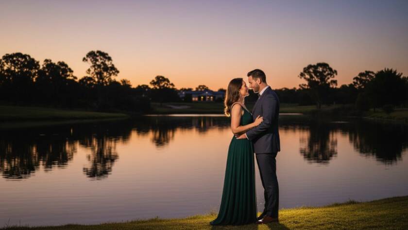 An exquisite Sandhurst fine art photography timeless portrait capturing a poignant moment of a couple embracing by the lake at sunset, dramatic lighting, professional colour grading.