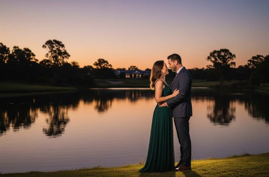 An exquisite Sandhurst fine art photography timeless portrait capturing a poignant moment of a couple embracing by the lake at sunset, dramatic lighting, professional colour grading.