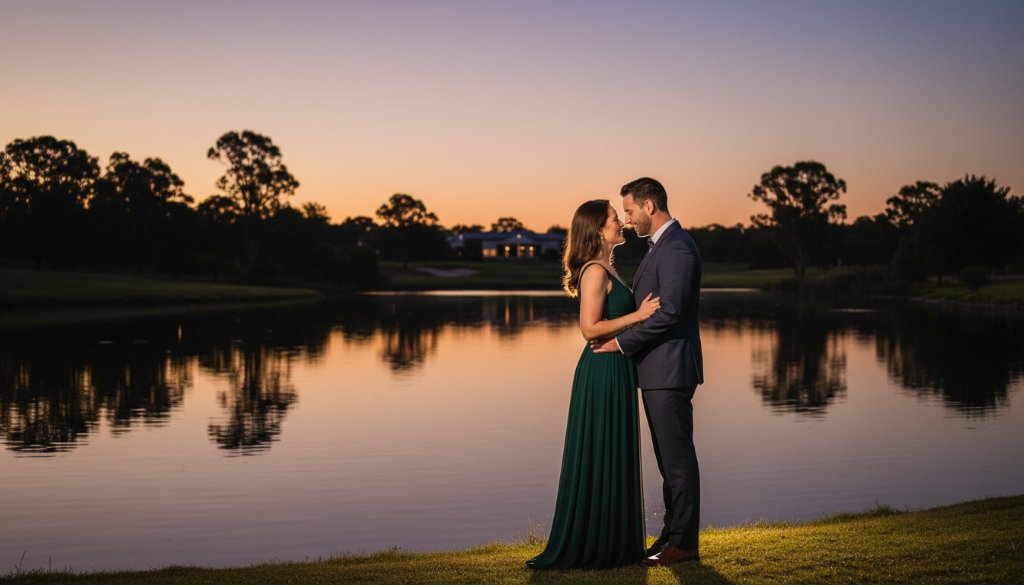 An exquisite Sandhurst fine art photography timeless portrait capturing a poignant moment of a couple embracing by the lake at sunset, dramatic lighting, professional colour grading.