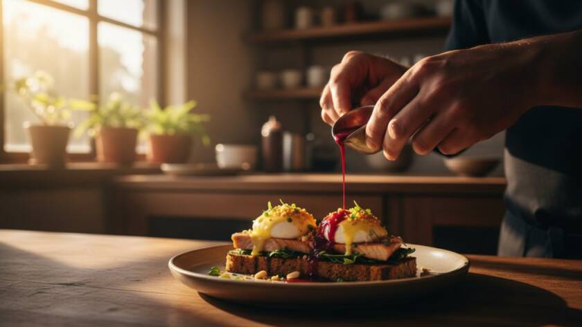 A dynamic, close-up shot of a chef meticulously garnishing a gourmet dish with edible flowers in a rustic Sandhurst cafe kitchen, showcasing expert Sandhurst food photography for local cafes with dramatic, warm lighting and a blurred background.