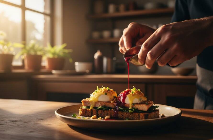 A dynamic, close-up shot of a chef meticulously garnishing a gourmet dish with edible flowers in a rustic Sandhurst cafe kitchen, showcasing expert Sandhurst food photography for local cafes with dramatic, warm lighting and a blurred background.