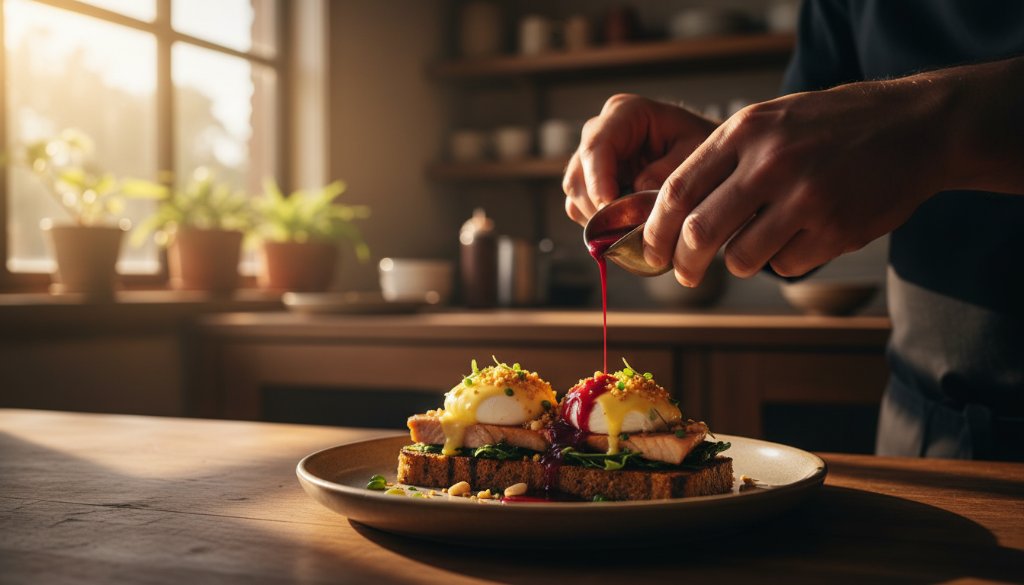 A dynamic, close-up shot of a chef meticulously garnishing a gourmet dish with edible flowers in a rustic Sandhurst cafe kitchen, showcasing expert Sandhurst food photography for local cafes with dramatic, warm lighting and a blurred background.