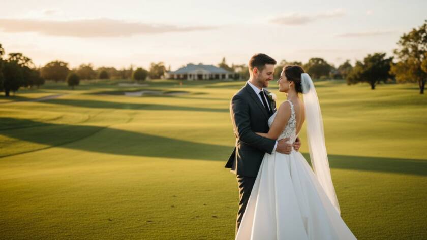 An elegant couple shares a joyful, vibrant moment at a Sandhurst Golf Club wedding photography session, bathed in golden hour light with lush green fairways in the background, captured in an epic, professional photograph.