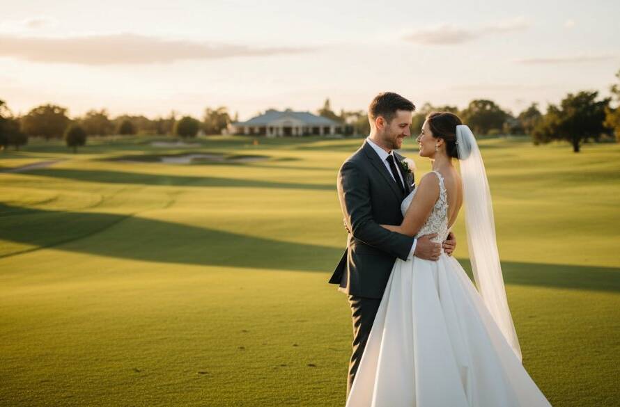 An elegant couple shares a joyful, vibrant moment at a Sandhurst Golf Club wedding photography session, bathed in golden hour light with lush green fairways in the background, captured in an epic, professional photograph.
