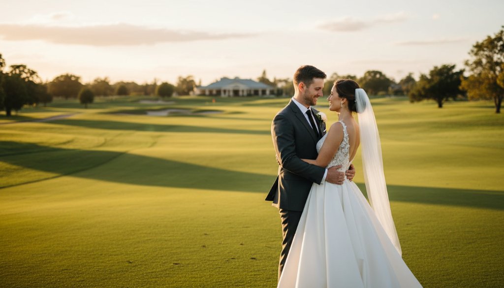 An elegant couple shares a joyful, vibrant moment at a Sandhurst Golf Club wedding photography session, bathed in golden hour light with lush green fairways in the background, captured in an epic, professional photograph.