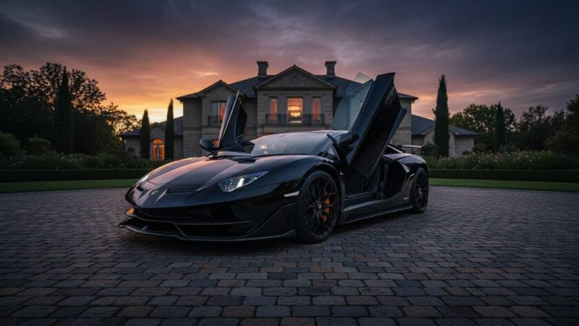 Dramatic shot of a gleaming black sports car, headlights on, parked on a gravel driveway of a grand private estate in Sandhurst, Victoria, under a stormy sunset sky, captured by Sandhurst luxury car photography private estate expert.