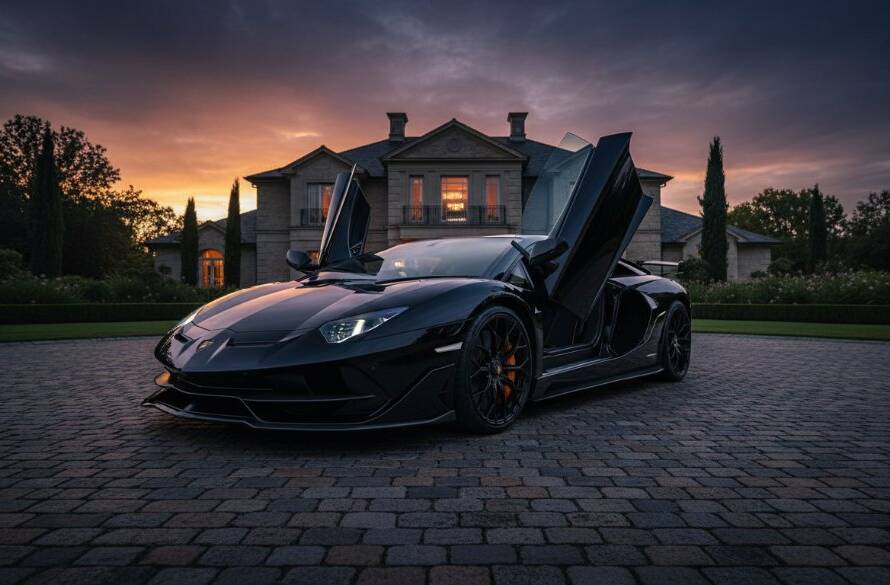 Dramatic shot of a gleaming black sports car, headlights on, parked on a gravel driveway of a grand private estate in Sandhurst, Victoria, under a stormy sunset sky, captured by Sandhurst luxury car photography private estate expert.