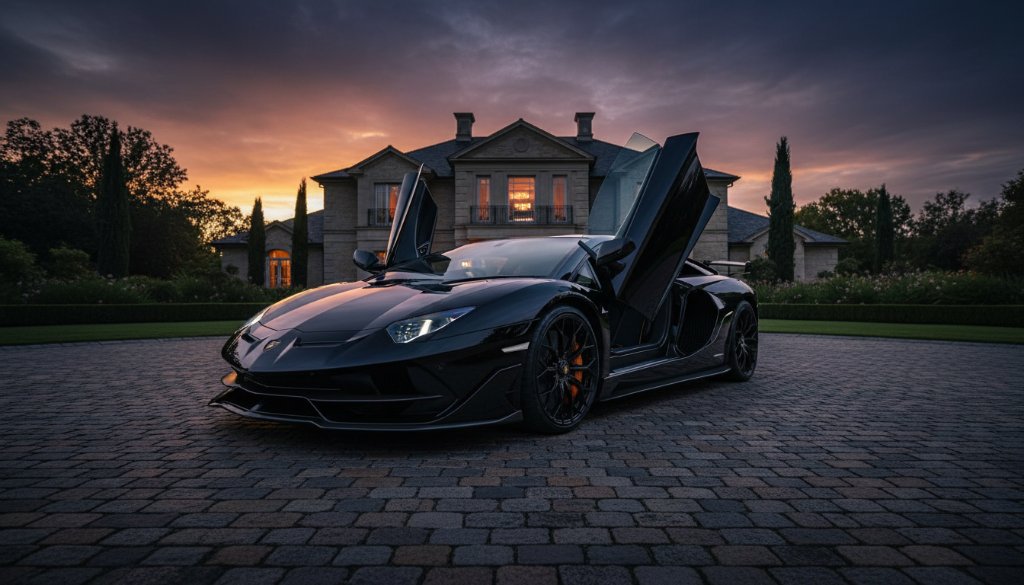 Dramatic shot of a gleaming black sports car, headlights on, parked on a gravel driveway of a grand private estate in Sandhurst, Victoria, under a stormy sunset sky, captured by Sandhurst luxury car photography private estate expert.