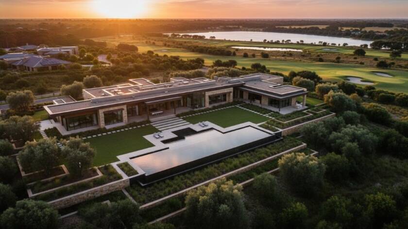 An epic Sandhurst luxury property drone photography shot showcasing a sprawling modern estate at sunset, with golden light reflecting off a lake and manicured gardens, highlighting its grandeur from above.