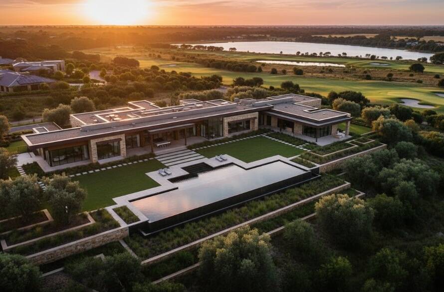 An epic Sandhurst luxury property drone photography shot showcasing a sprawling modern estate at sunset, with golden light reflecting off a lake and manicured gardens, highlighting its grandeur from above.