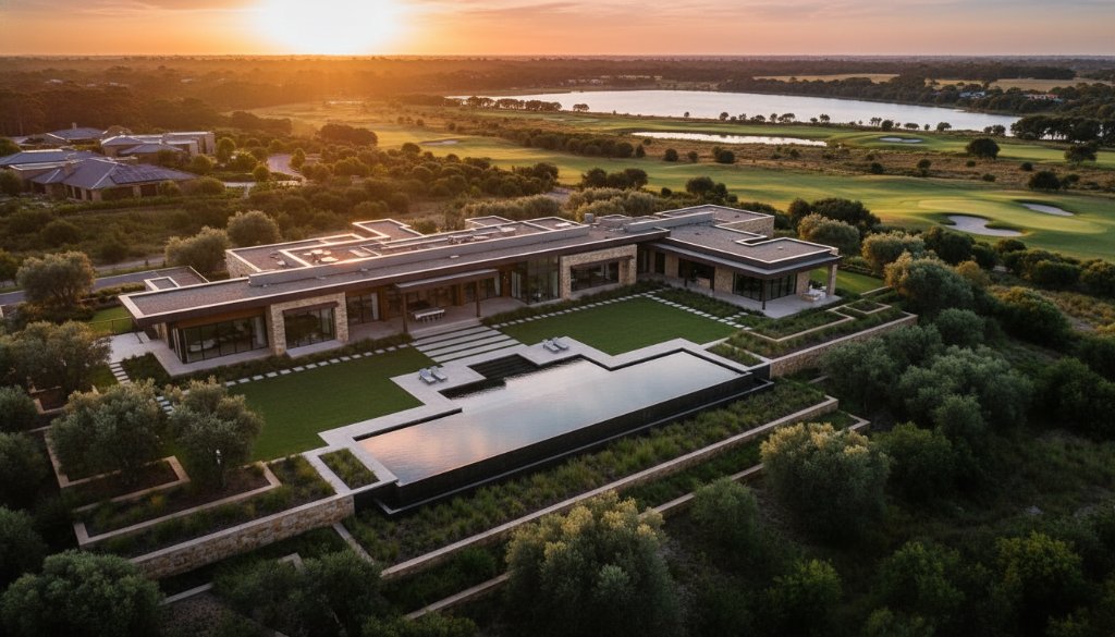 An epic Sandhurst luxury property drone photography shot showcasing a sprawling modern estate at sunset, with golden light reflecting off a lake and manicured gardens, highlighting its grandeur from above.