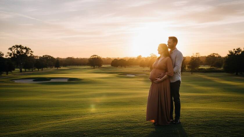 An expectant mother in a flowing gown, silhouetted against a golden Sandhurst sunset, with her partner gently holding her radiant bump, showcasing serene Sandhurst maternity photography capturing radiant bumps.