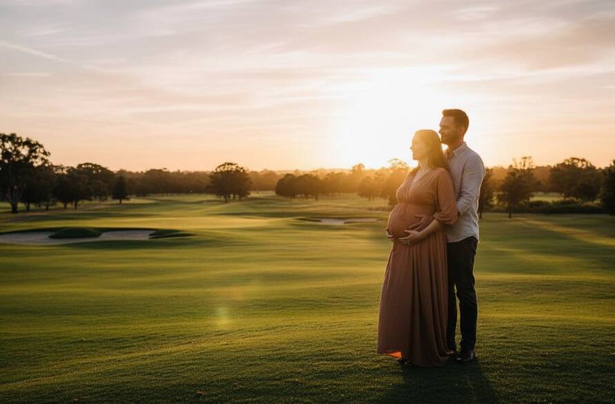 An expectant mother in a flowing gown, silhouetted against a golden Sandhurst sunset, with her partner gently holding her radiant bump, showcasing serene Sandhurst maternity photography capturing radiant bumps.