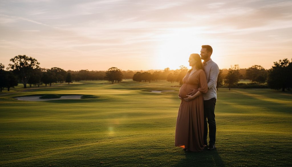 An expectant mother in a flowing gown, silhouetted against a golden Sandhurst sunset, with her partner gently holding her radiant bump, showcasing serene Sandhurst maternity photography capturing radiant bumps.