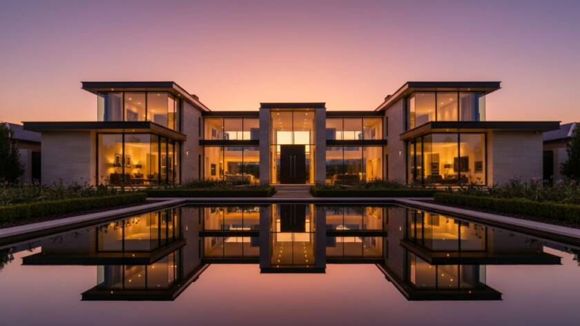 A dramatic, wide-angle shot showcasing Sandhurst modern estate architecture photography, featuring a grand, contemporary home at dusk with warm interior lights glowing, reflected in a tranquil water feature, under a vibrant, deep blue twilight sky, conveying luxury and sophisticated design.