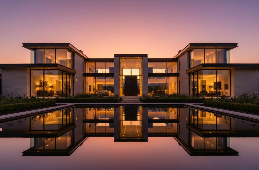A dramatic, wide-angle shot showcasing Sandhurst modern estate architecture photography, featuring a grand, contemporary home at dusk with warm interior lights glowing, reflected in a tranquil water feature, under a vibrant, deep blue twilight sky, conveying luxury and sophisticated design.