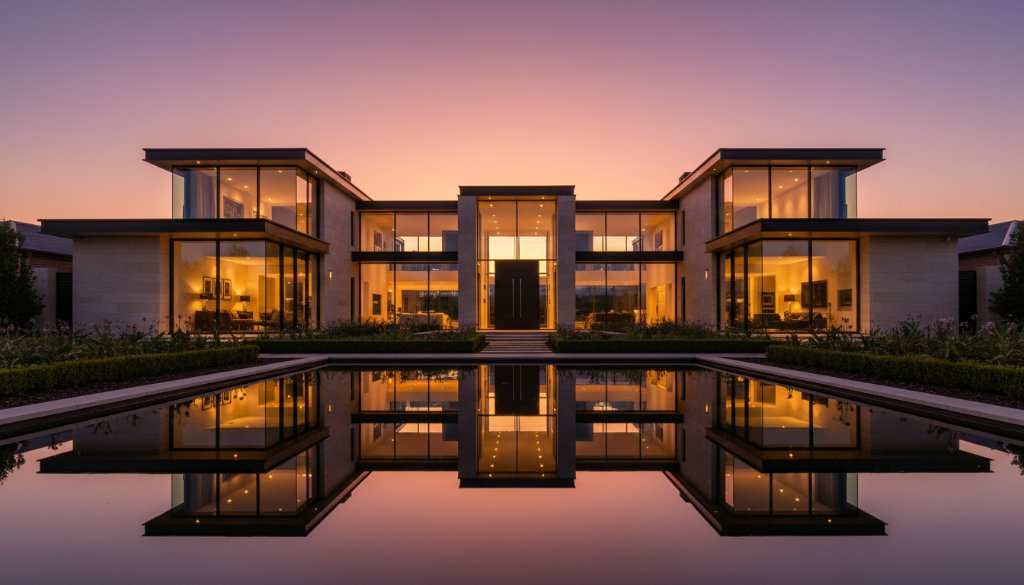 A dramatic, wide-angle shot showcasing Sandhurst modern estate architecture photography, featuring a grand, contemporary home at dusk with warm interior lights glowing, reflected in a tranquil water feature, under a vibrant, deep blue twilight sky, conveying luxury and sophisticated design.