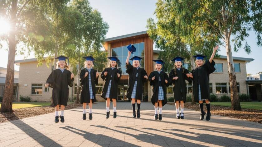 An emotionally resonant, wide-angle photograph capturing a group of Sandhurst primary school students in their graduation caps and gowns, laughing joyfully outdoors near a modern school building with a backdrop of native Australian trees, their faces lit by a soft, golden hour light, celebrating their Sandhurst professional school photography memories with a sense of accomplishment and camaraderie, professional color grading.