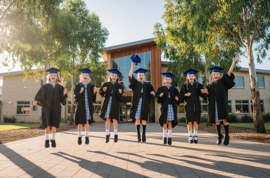An emotionally resonant, wide-angle photograph capturing a group of Sandhurst primary school students in their graduation caps and gowns, laughing joyfully outdoors near a modern school building with a backdrop of native Australian trees, their faces lit by a soft, golden hour light, celebrating their Sandhurst professional school photography memories with a sense of accomplishment and camaraderie, professional color grading.